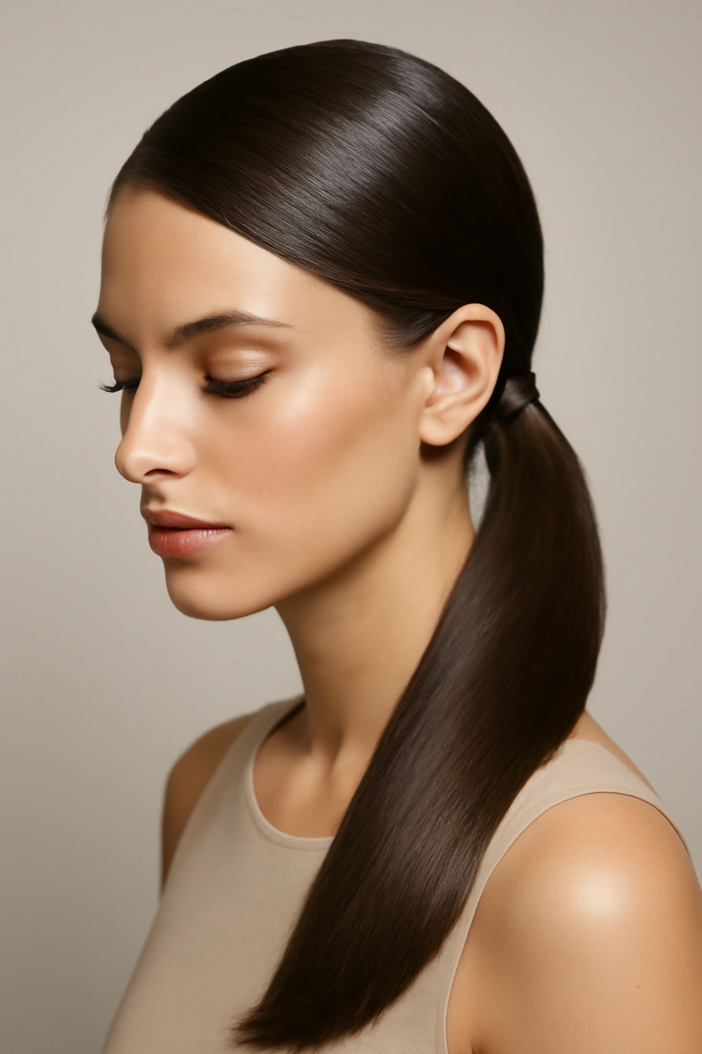 12 Polished Ponytail Hairstyles You Can Try Today 7 Close-up of a sleek side ponytail with glossy hair in a neutral studio setting
