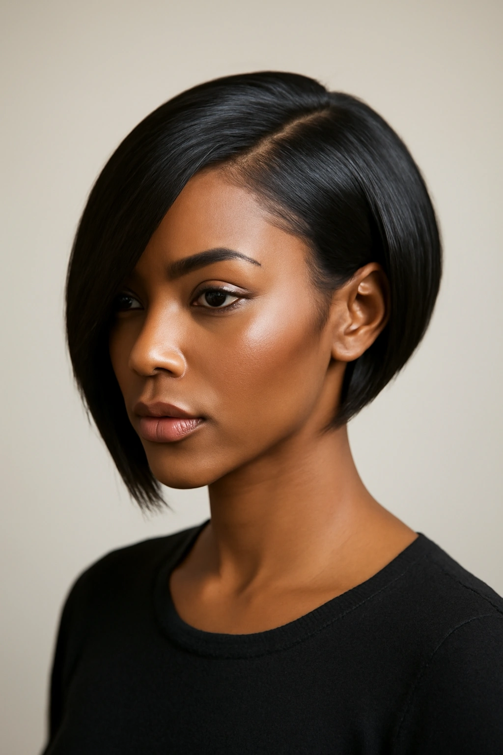 10 Quick Weave Short Styles Worth Asking For Now 8 Portrait of a person wearing a sleek side swept bob with an asymmetric silhouette