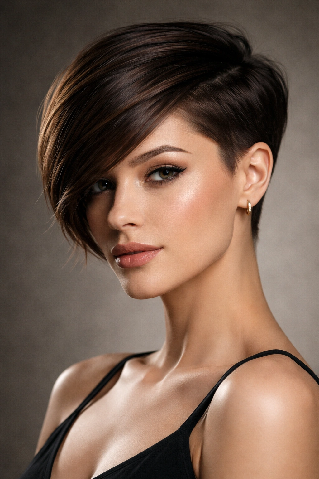Asymmetrical pixie with shaved side and sleek swept opposite side
