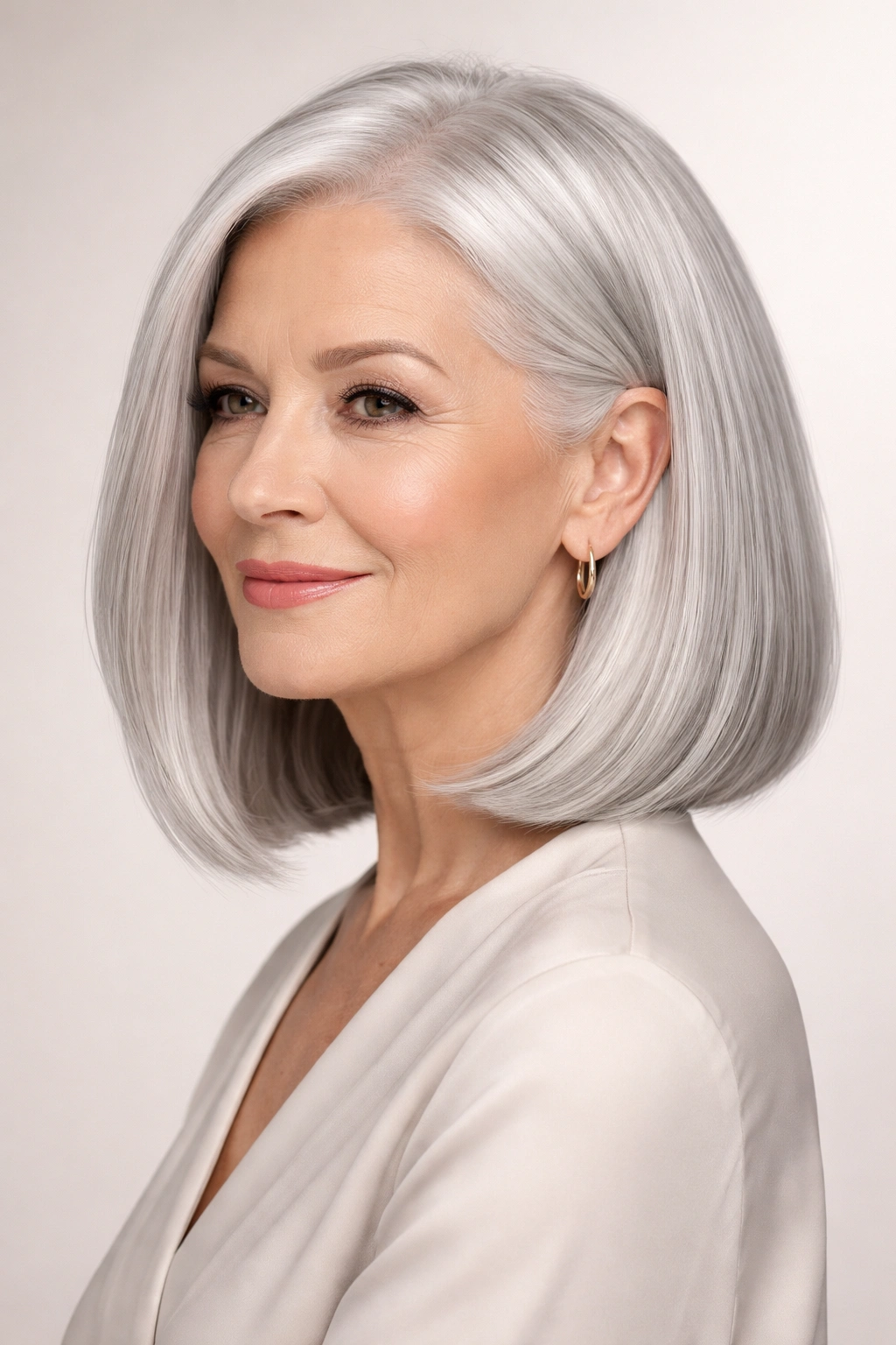 Portrait of a woman with a sleek silver lob featuring chin-to-shoulder length and blunt ends, in a studio setting.