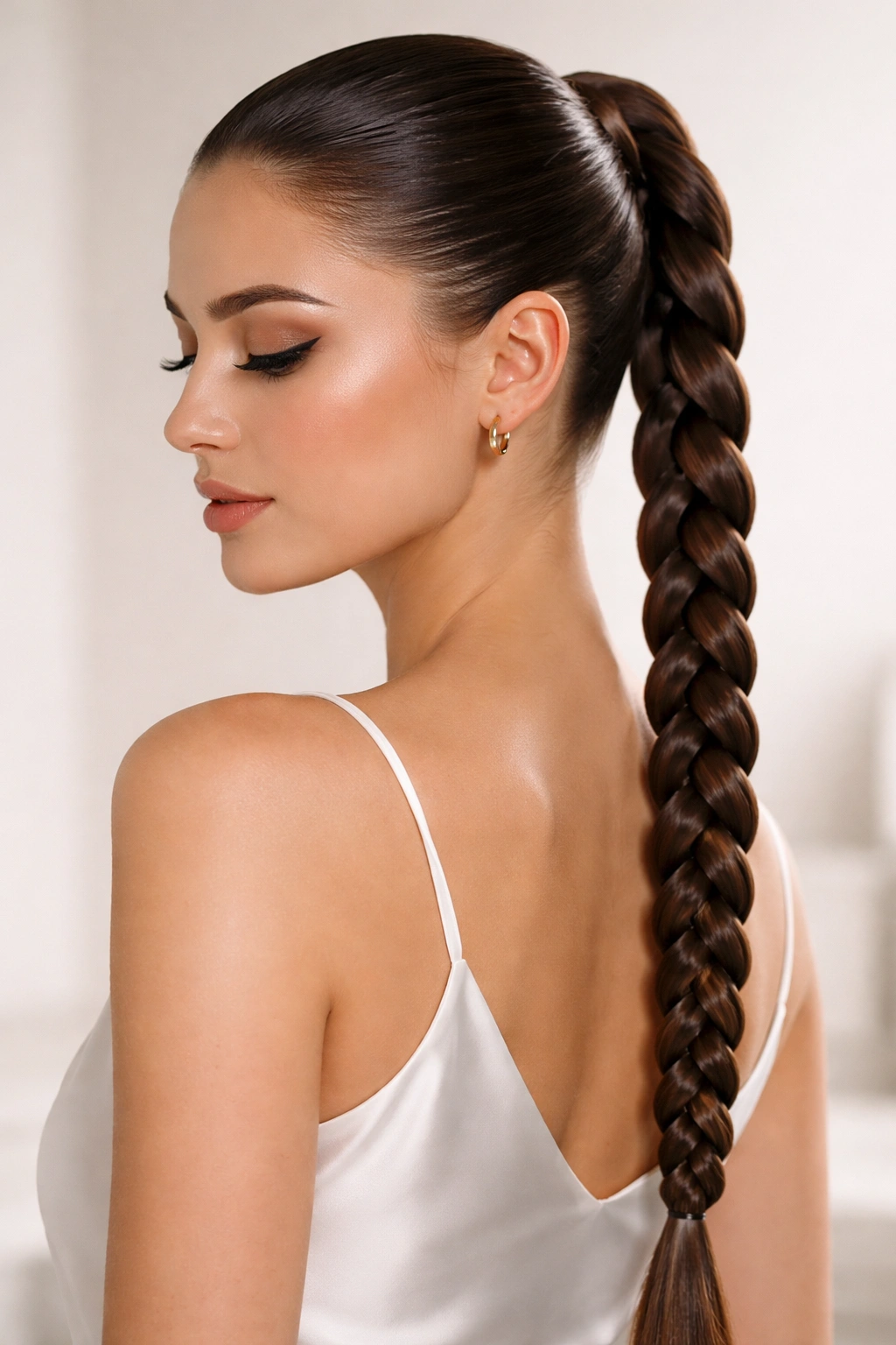 Long, glossy braid draped over the shoulder with even, tight sections
