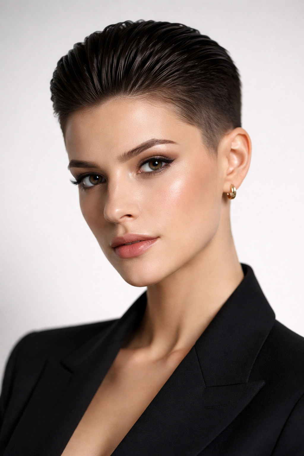 Close-up of Sleek Slicked-Back Pixie hairstyle with a sharp fade and satin finish