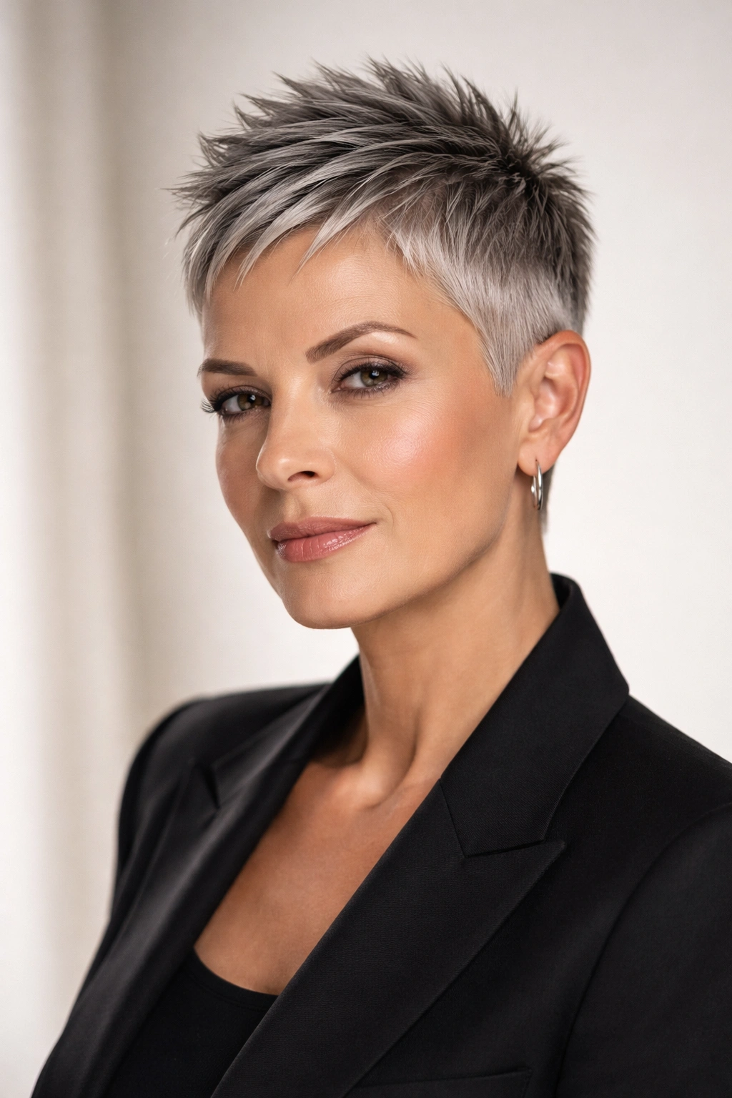 Portrait of a woman with a sleek, short spiky crop and crisp geometric lines.