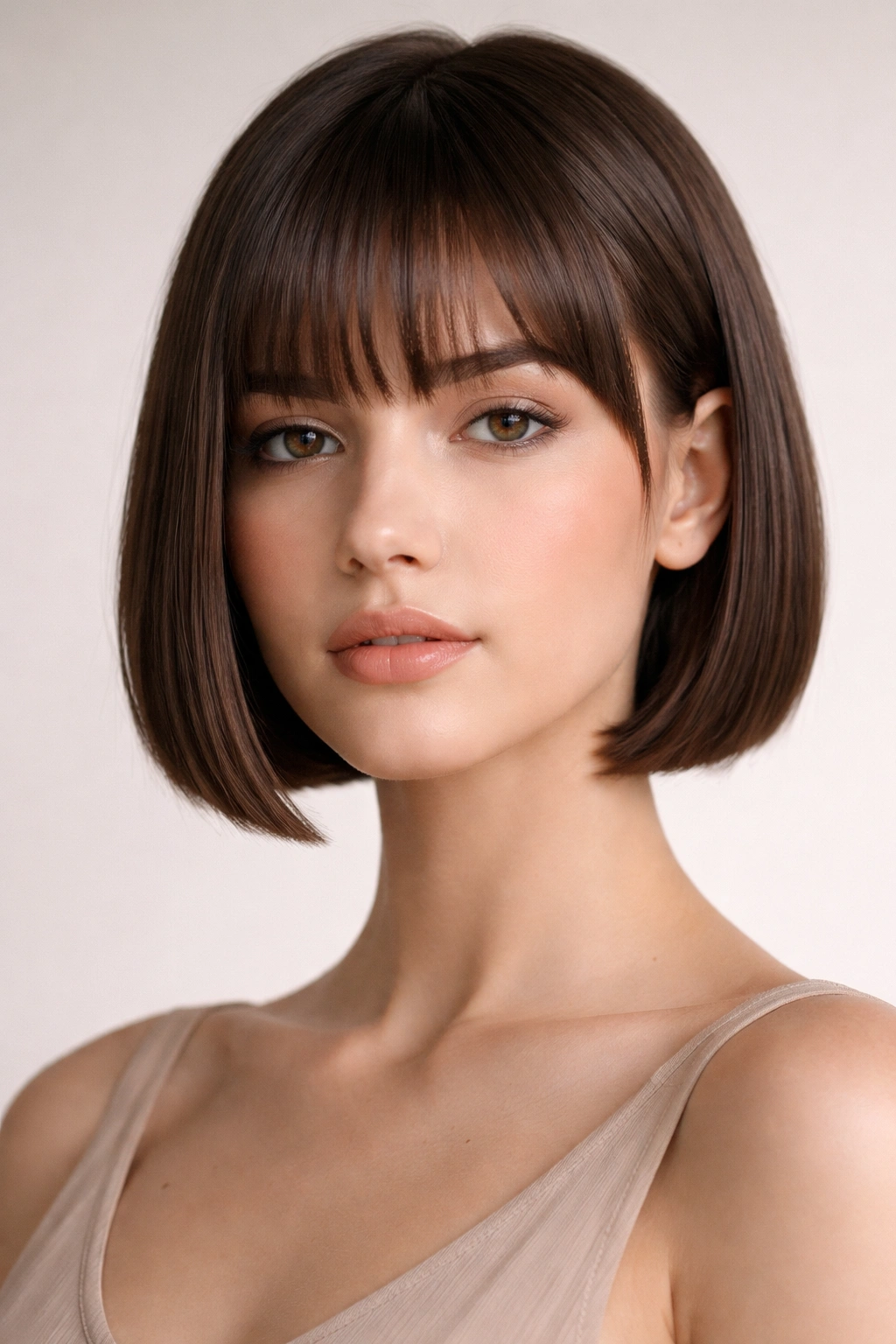 Close-up of a person with a sleek straight baby cut showing clean lines and minimal texture