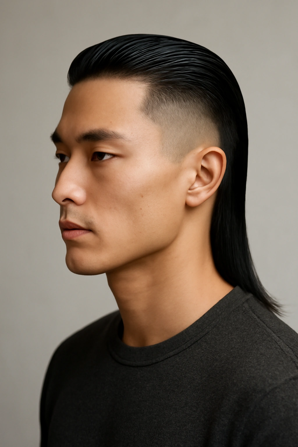 12 Asian Mullet Haircuts That Are Trending Right Now 12 Portrait of person with sleek straight-back mullet showing sharp lines
