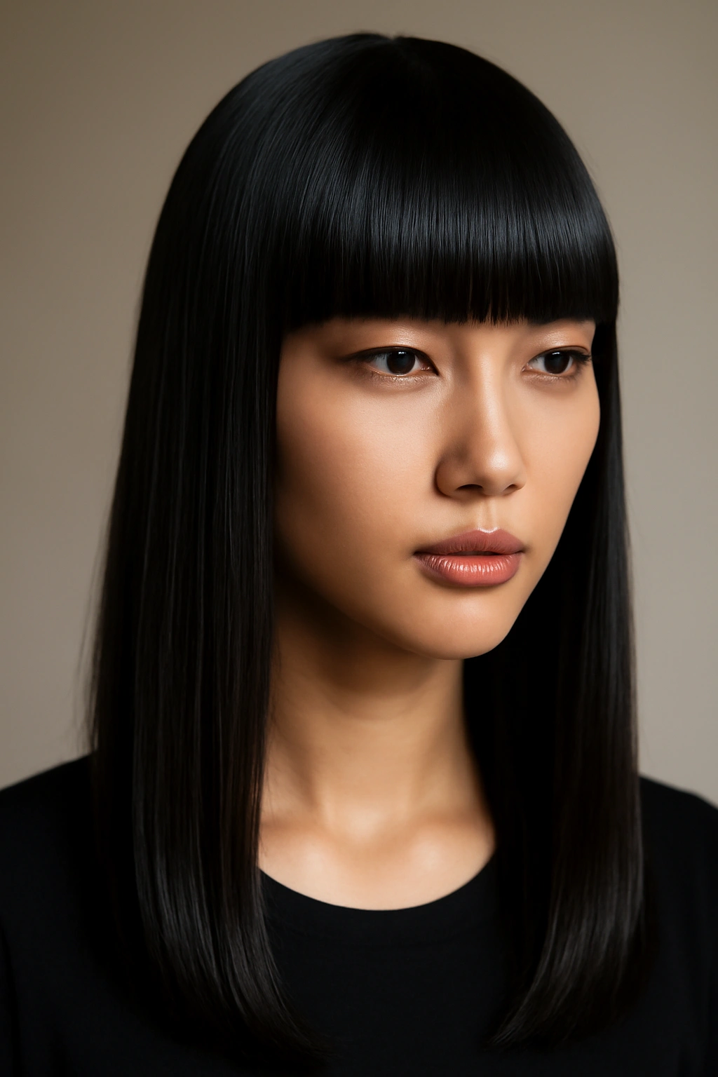 12 Japanese Hairstyles That Are Trending Right Now 9 Sleek straight hair with bold blunt bangs and high shine.
