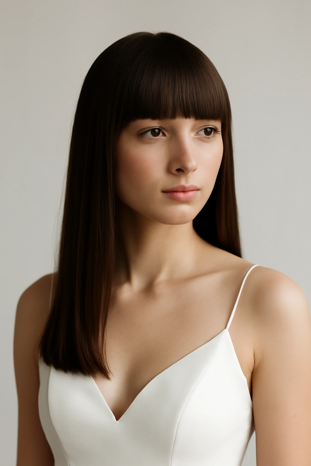 10 Wedding Hairstyles That Look Gorgeous With Bangs 9 Bride with sleek straight hair and blunt bangs