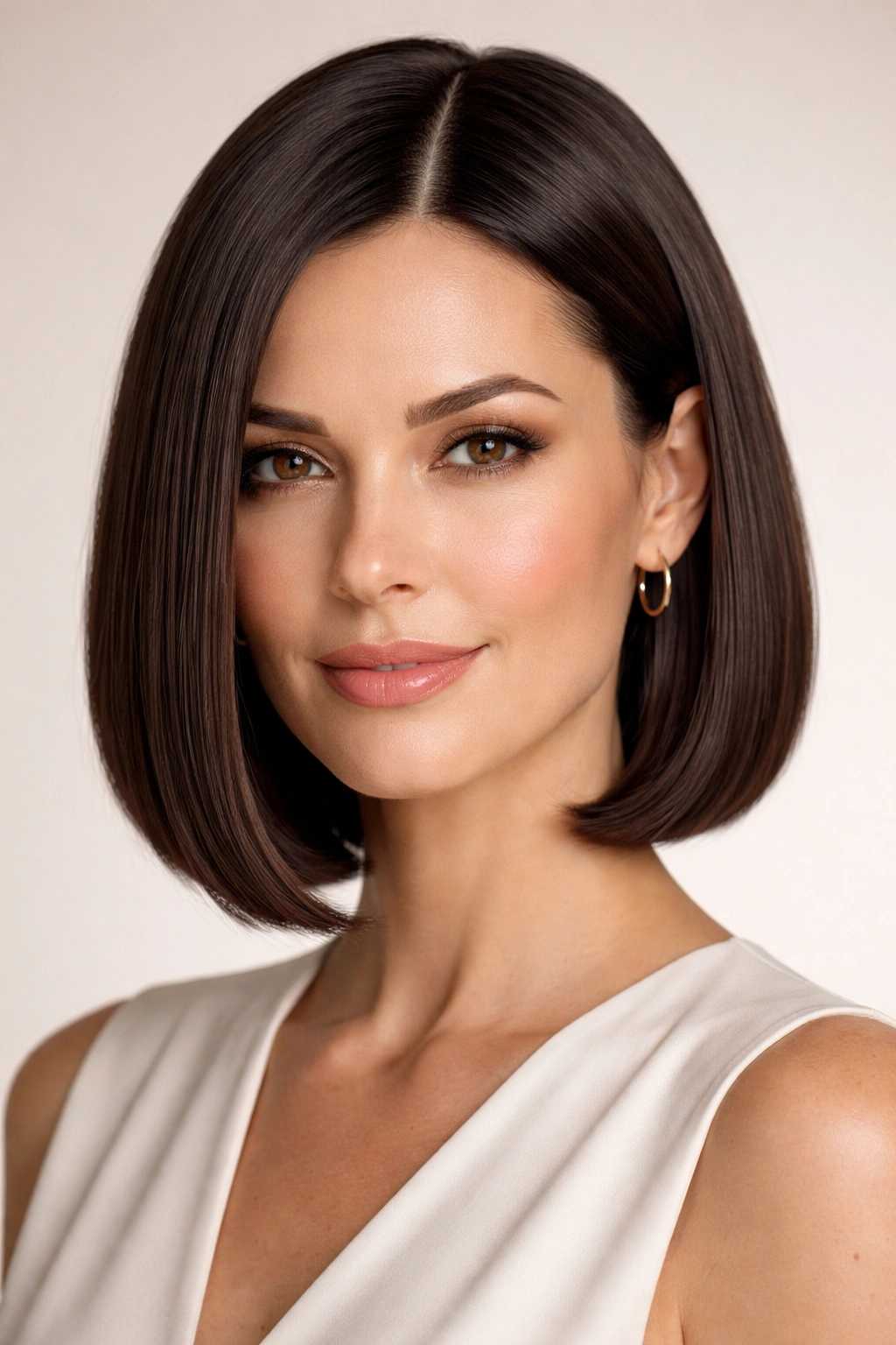 Portrait of a person with a sleek, straight bob and glossy finish.