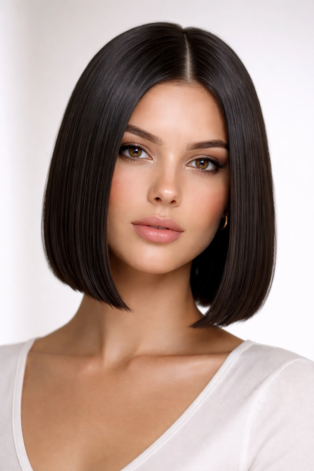 Blunt straight bob with sleek, glossy finish