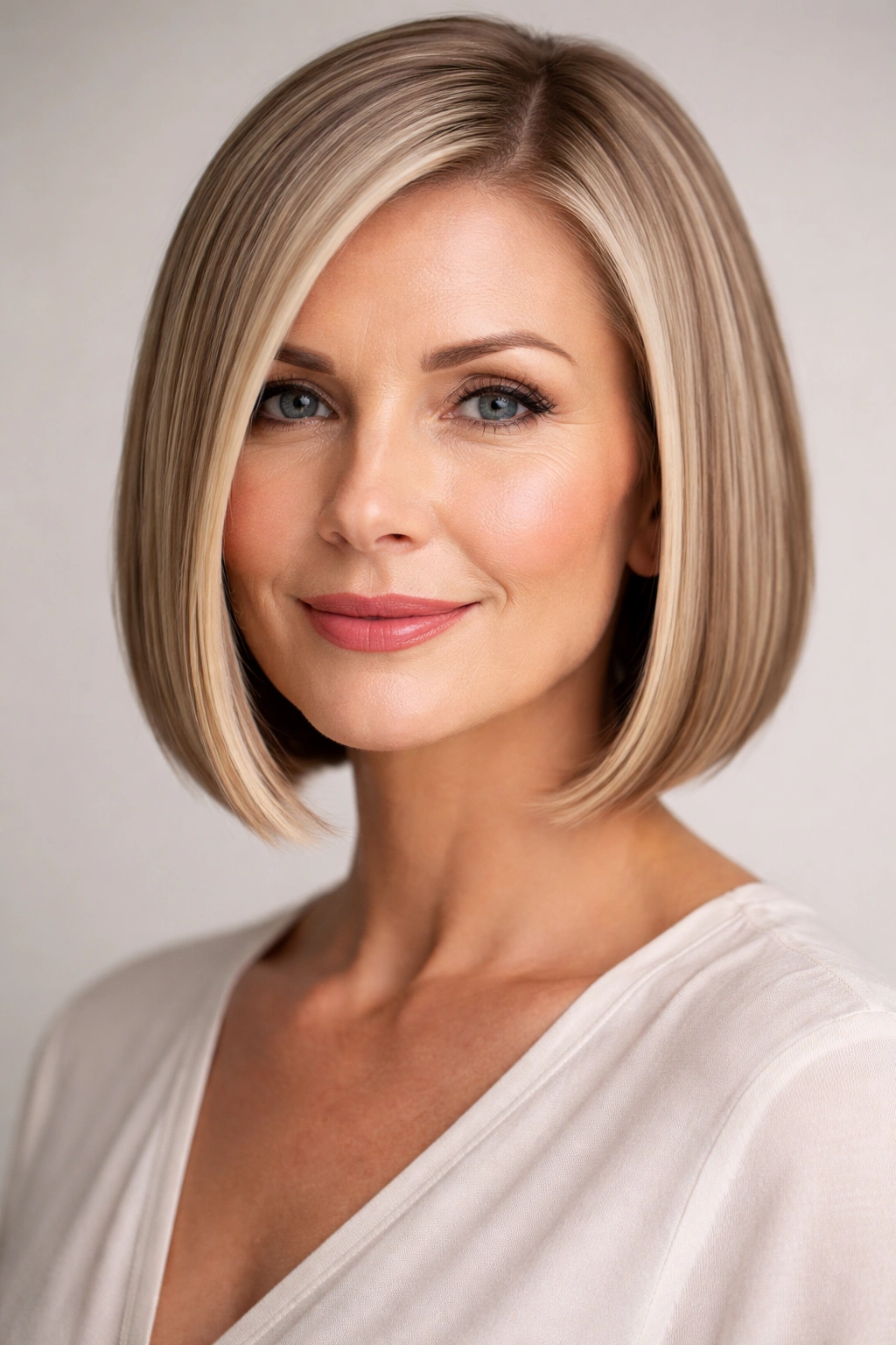 Sleek jaw-length straight bob with blunt line and glossy finish