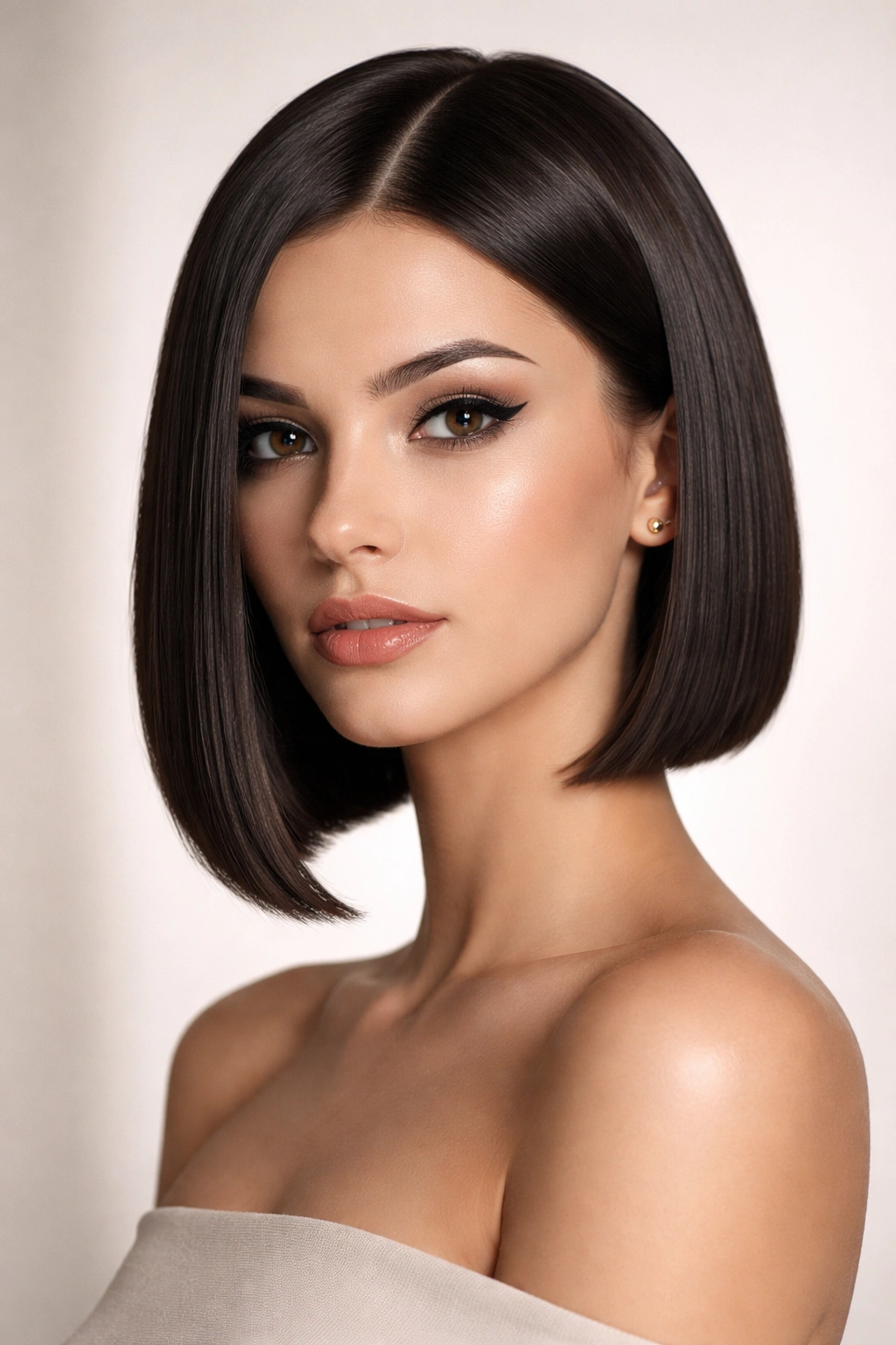 Close-up of a sleek straight bob with a glossy blunt cut.