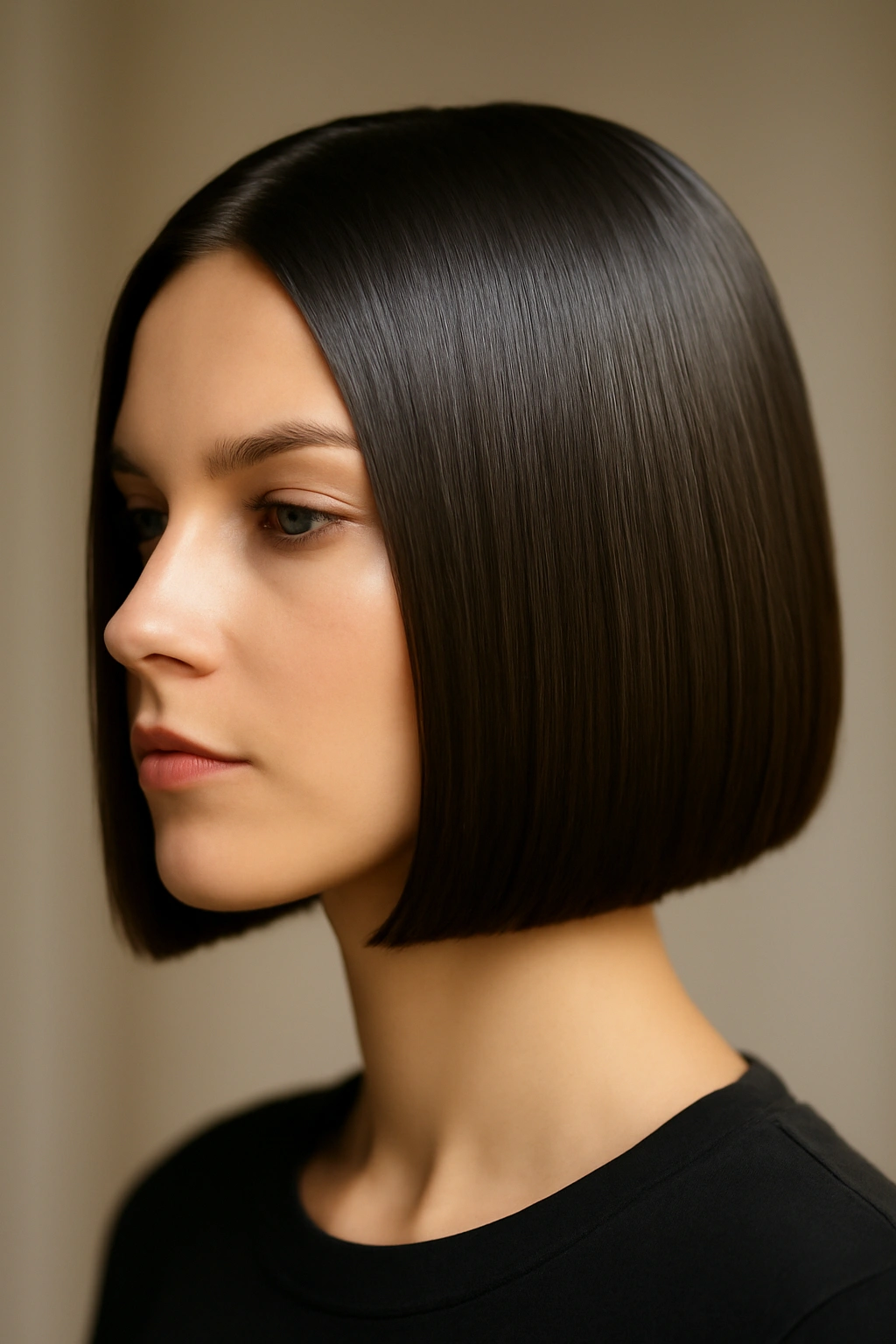 25 Short Hairstyles That Will Instantly Upgrade Your Look 13 Close-up of chin-length sleek straight bob with glossy finish under studio lighting