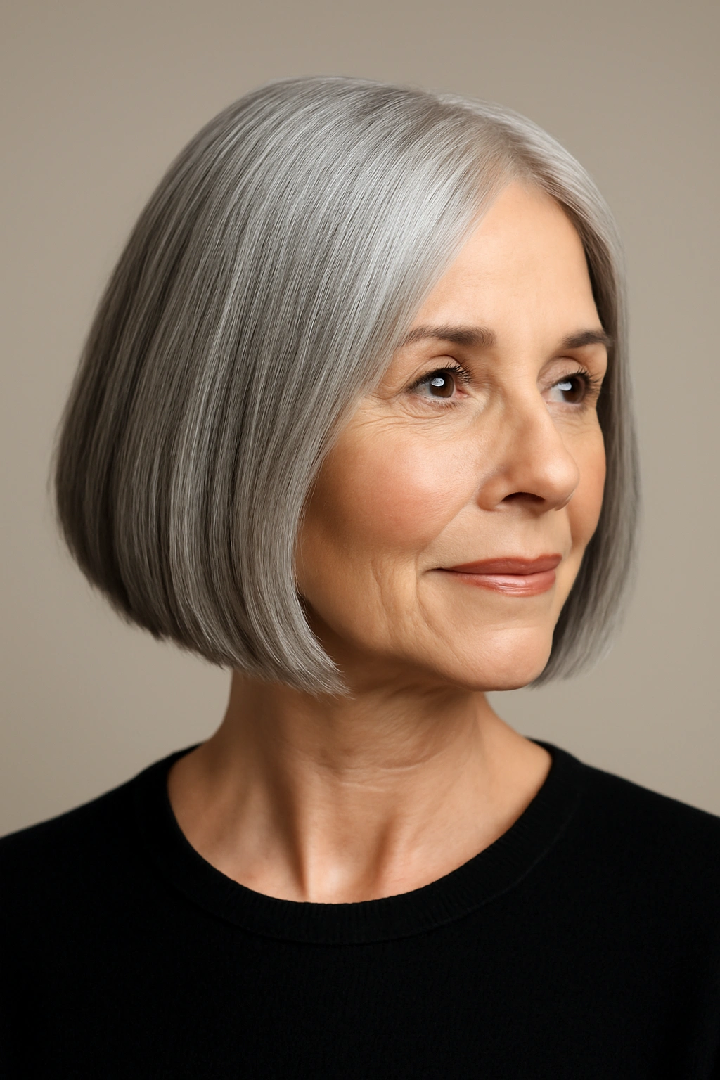 15 Youthful Hairstyles For Women Over 60 9 Mature woman with chin-length sleek straight bob and glossy finish