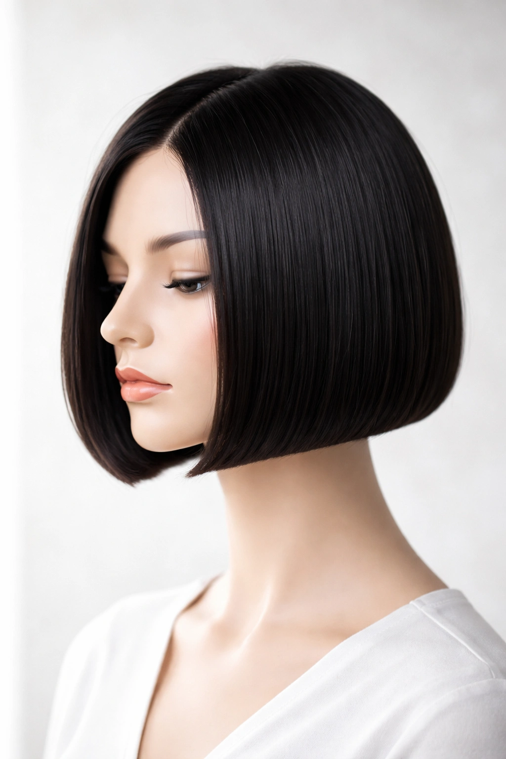 15 Short Haircuts Made For Heart Shaped Faces 12 Sleek straight bob at chin length with glossy finish on mannequin