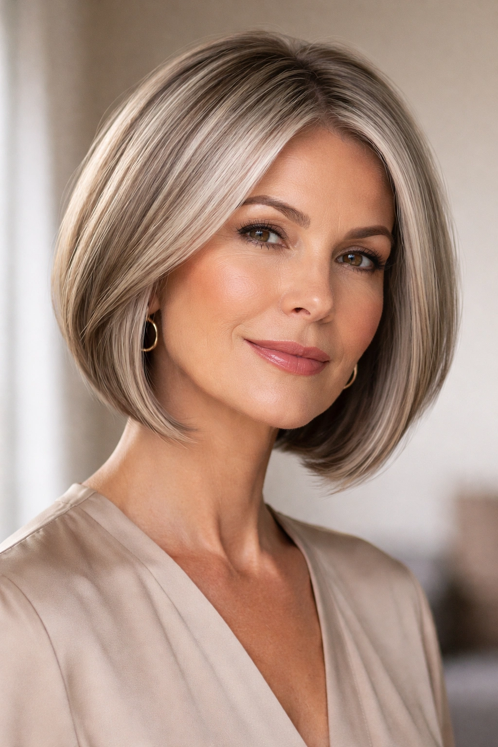 12 Chin Length Hairstyles For Women Over 50 11 Sleek chin-length bob with angled layers underneath for movement