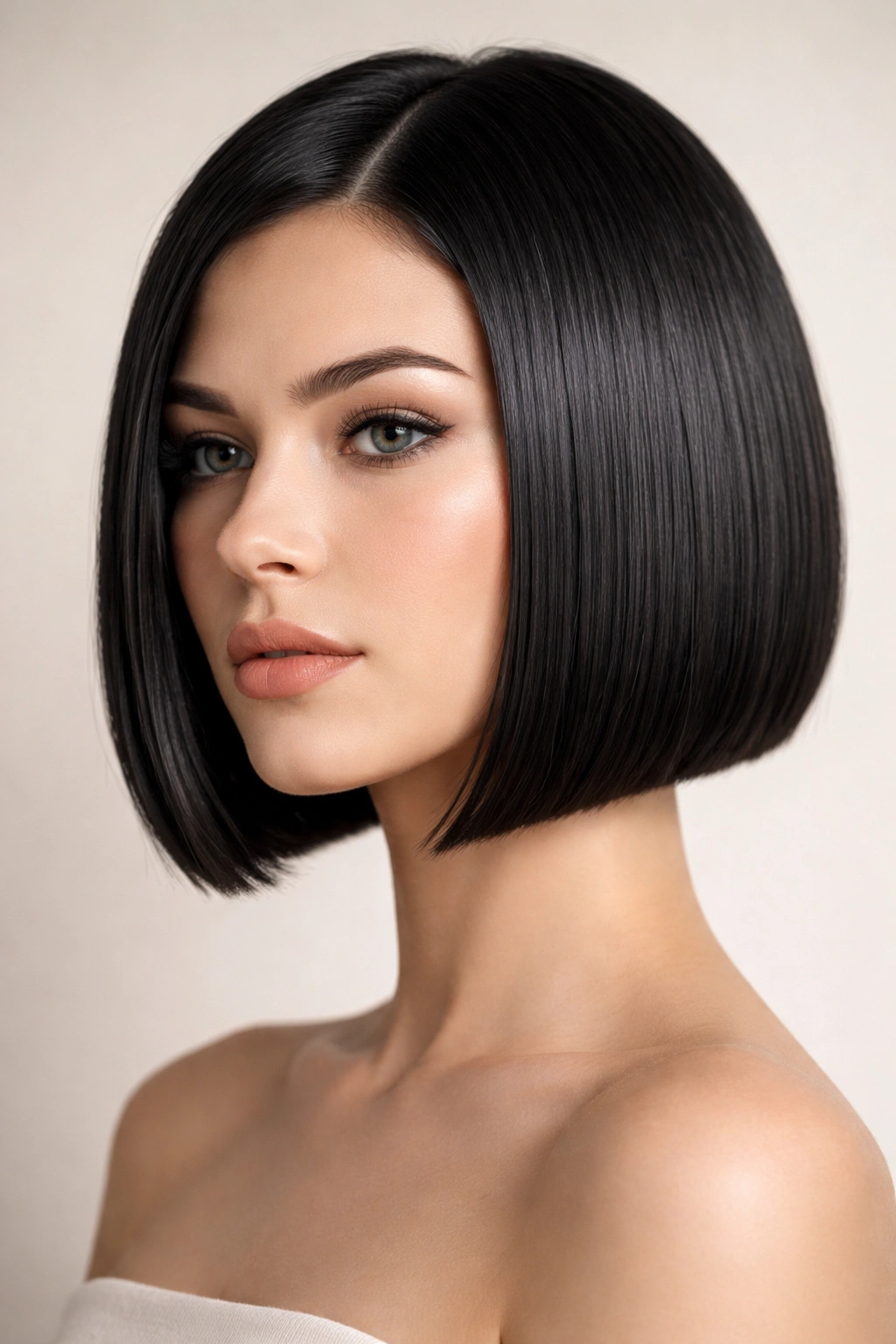 Close-up of a jaw-length sleek straight bob with a blunt edge and glossy shine
