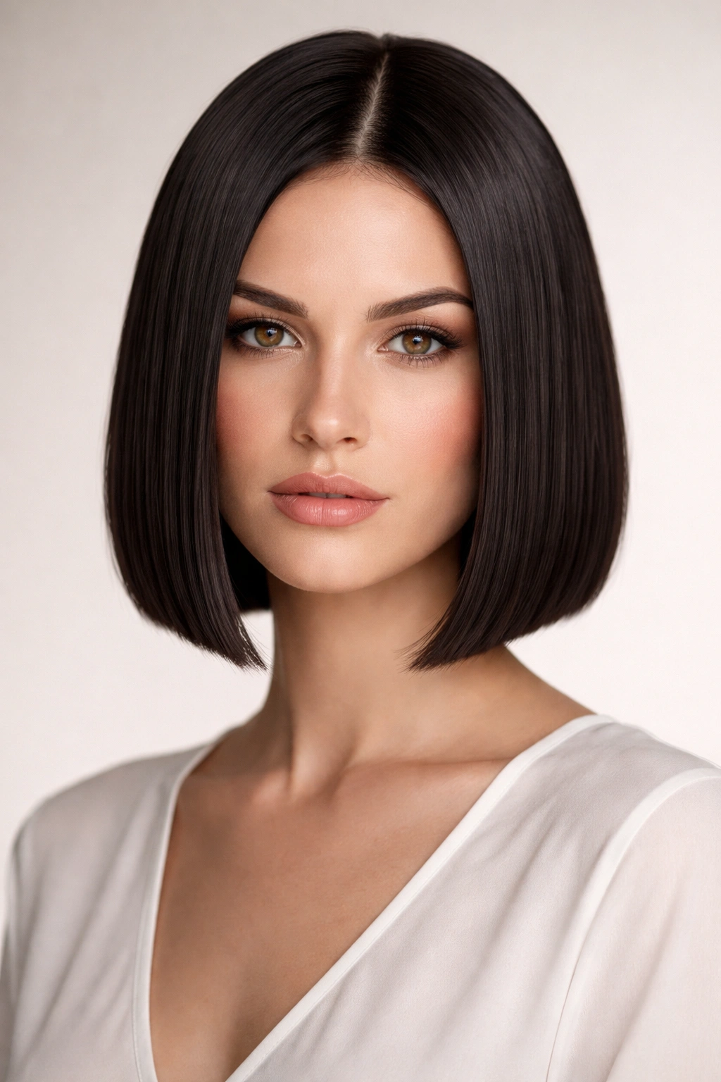 Close-up of chin-length sleek straight bob with a blunt cut and glossy finish