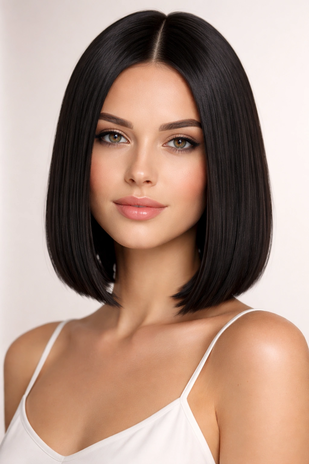Sleek straight bob with blunt perimeter and center part
