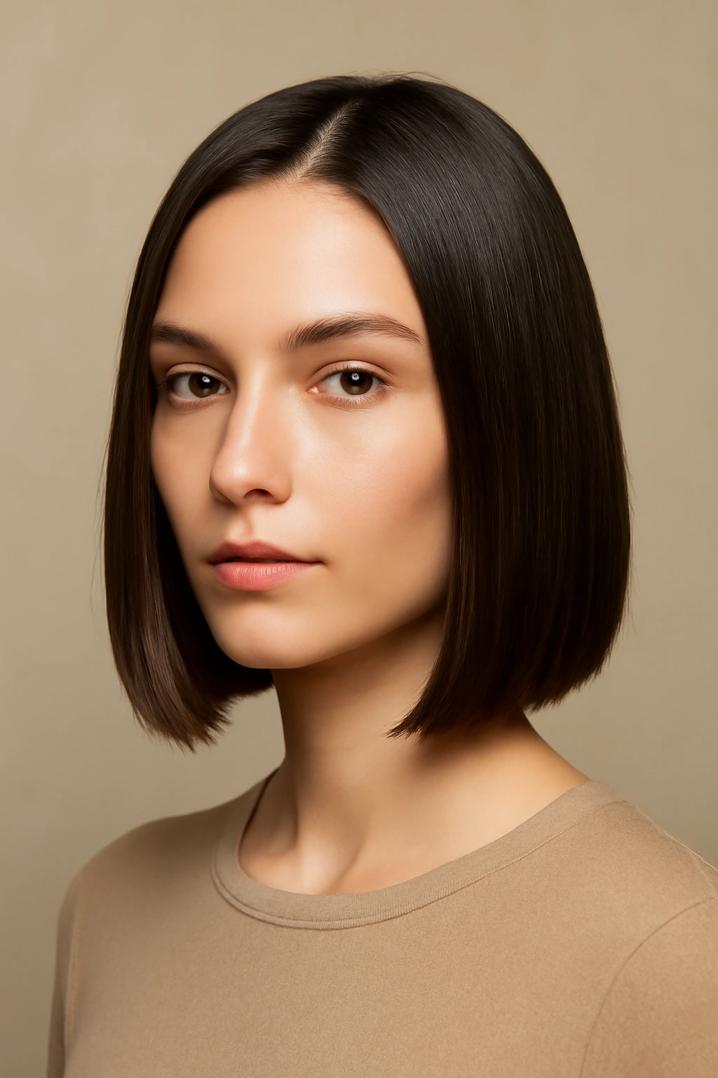 Model with a precise sleek straight bob highlighting sharp lines