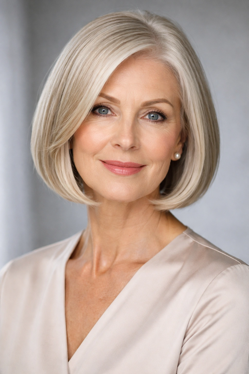 Portrait of a woman with a sleek chin-length straight bob.