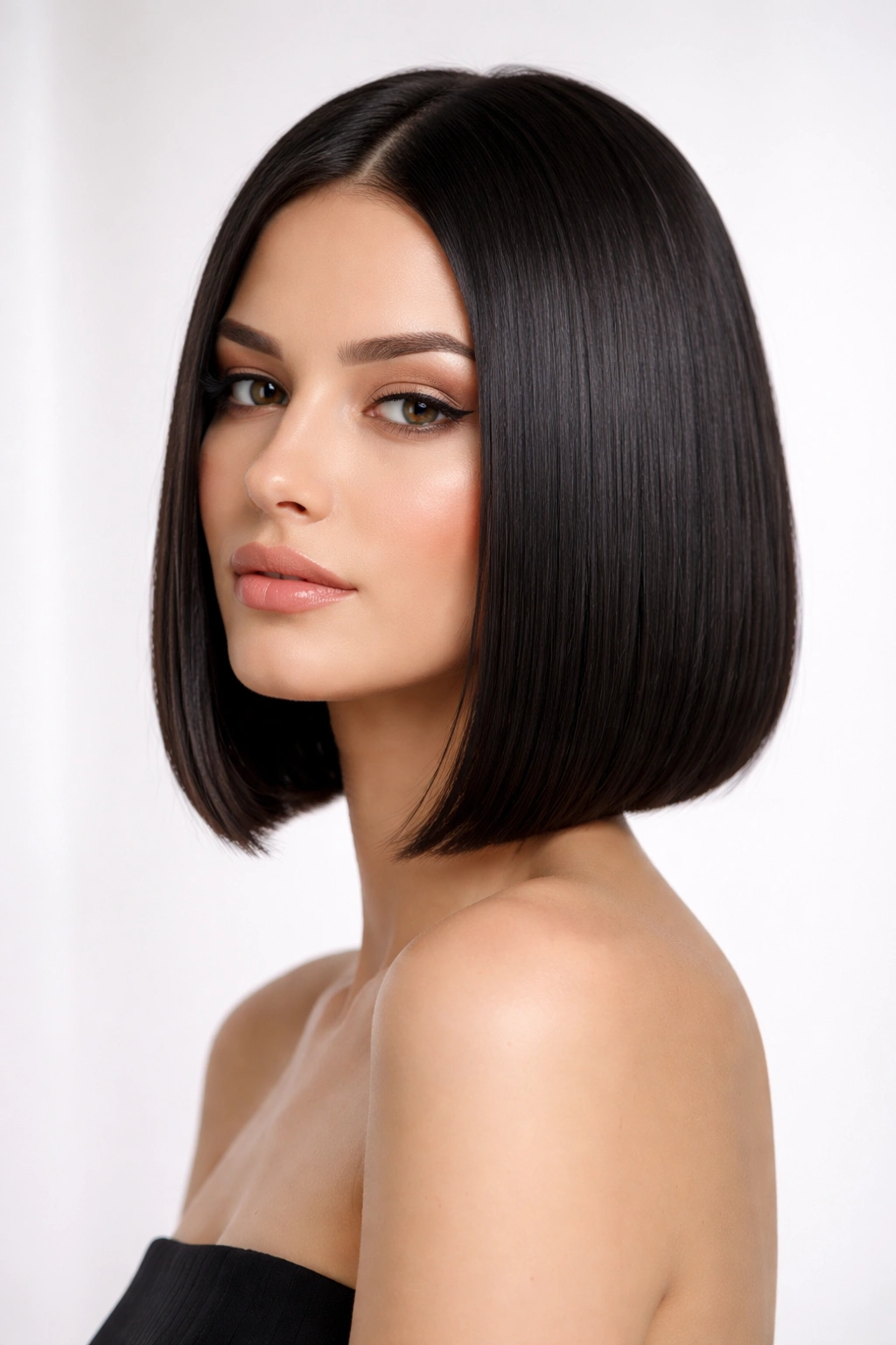 Sleek straight bob with a crisp, glossy line and no texture.