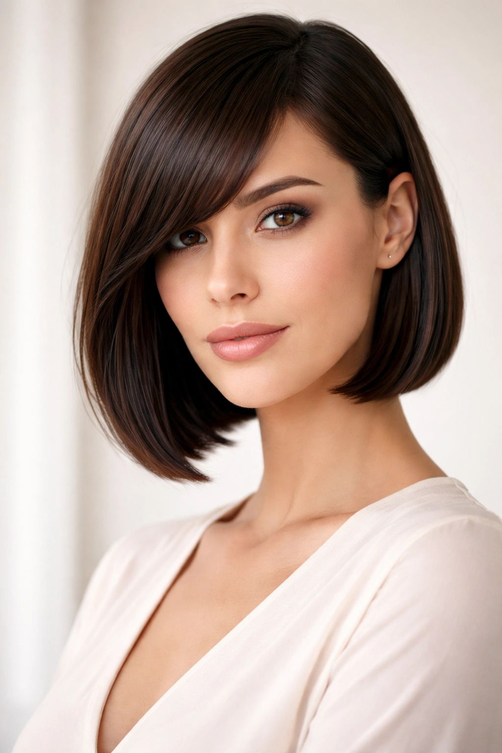18 Bob Haircuts With Bangs Matched To Face Shape 4 Sleek straight bob with side swept bangs for oblong face in studio portrait