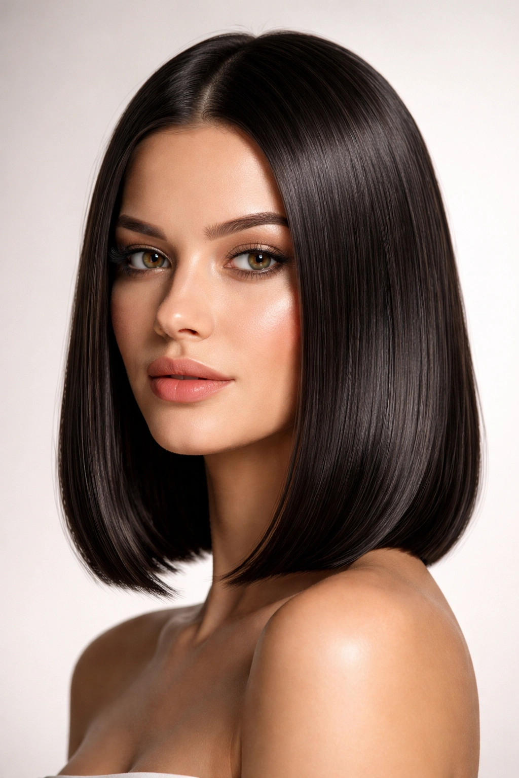 Polished sleek straight medium bob with glossy shine.