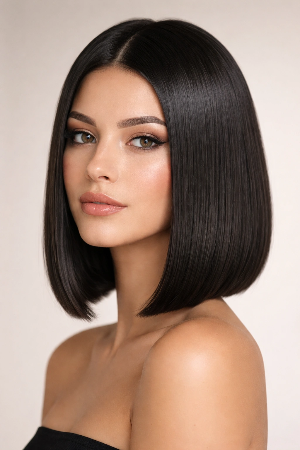 Sleek straight bob with a polished, high-shine finish in a studio
