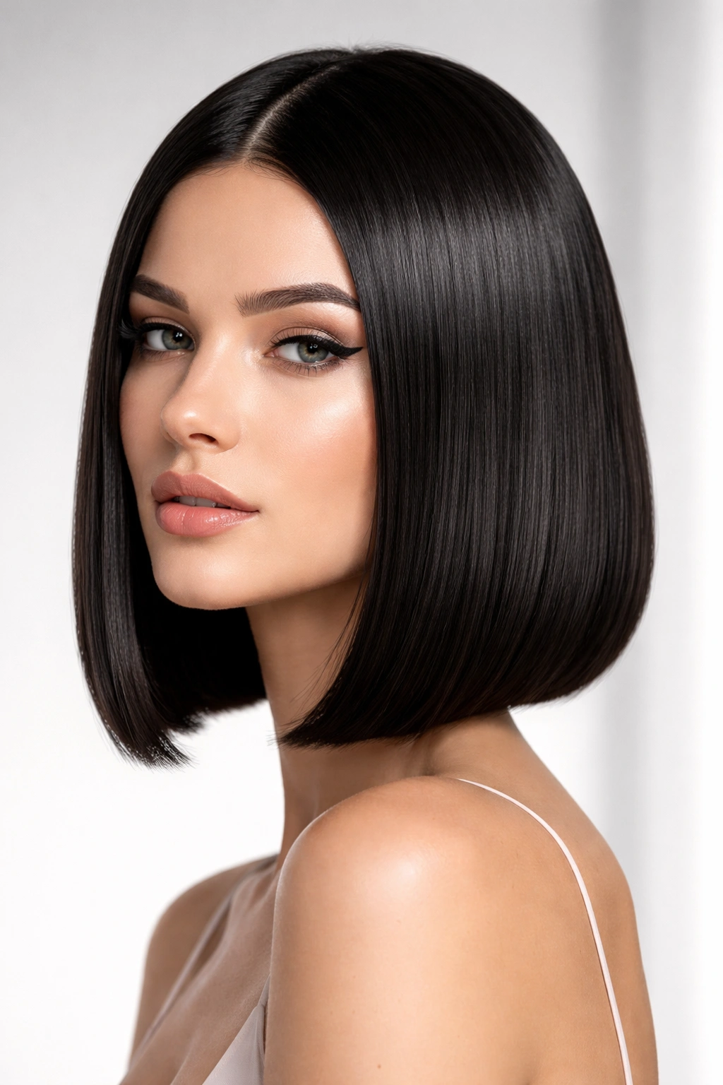 Close-up of a sleek straight bob with glossy, straight hair and sharp lines
