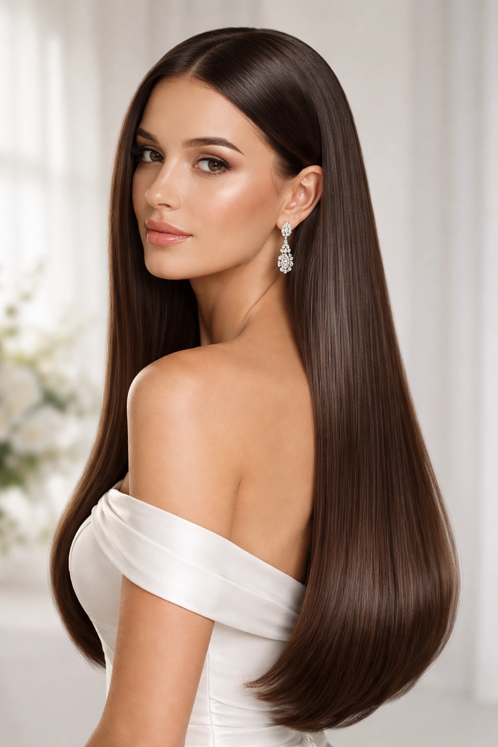 Bride with sleek and straight long hair, glossy and smooth