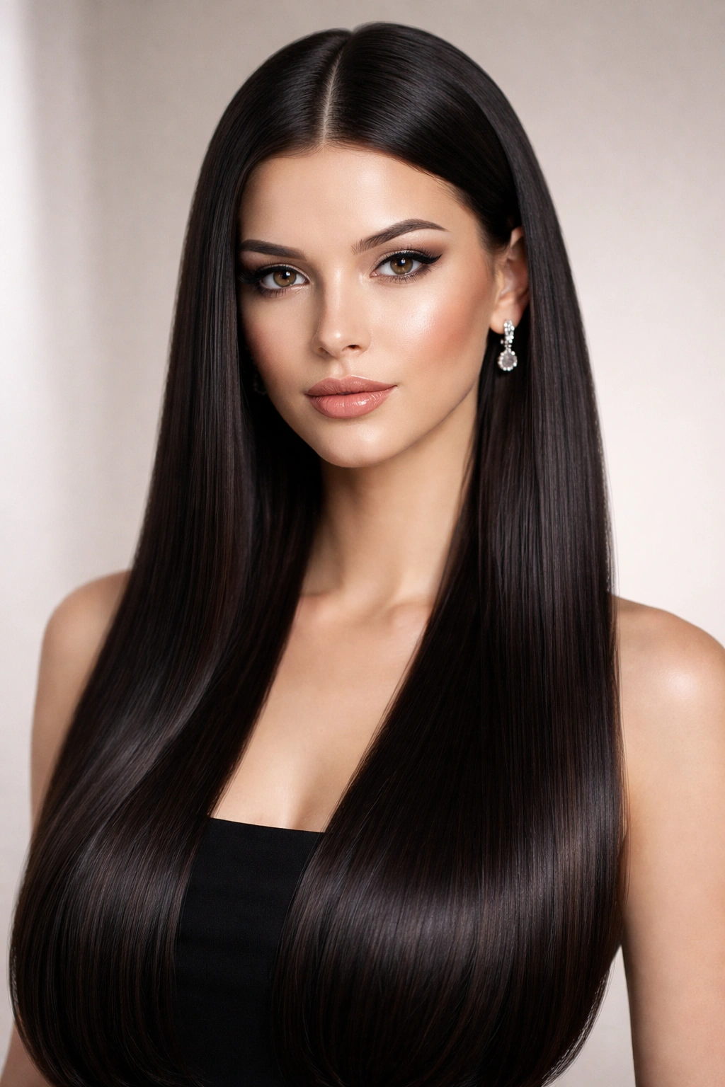 Sleek straight hairstyle with center part and glossy finish