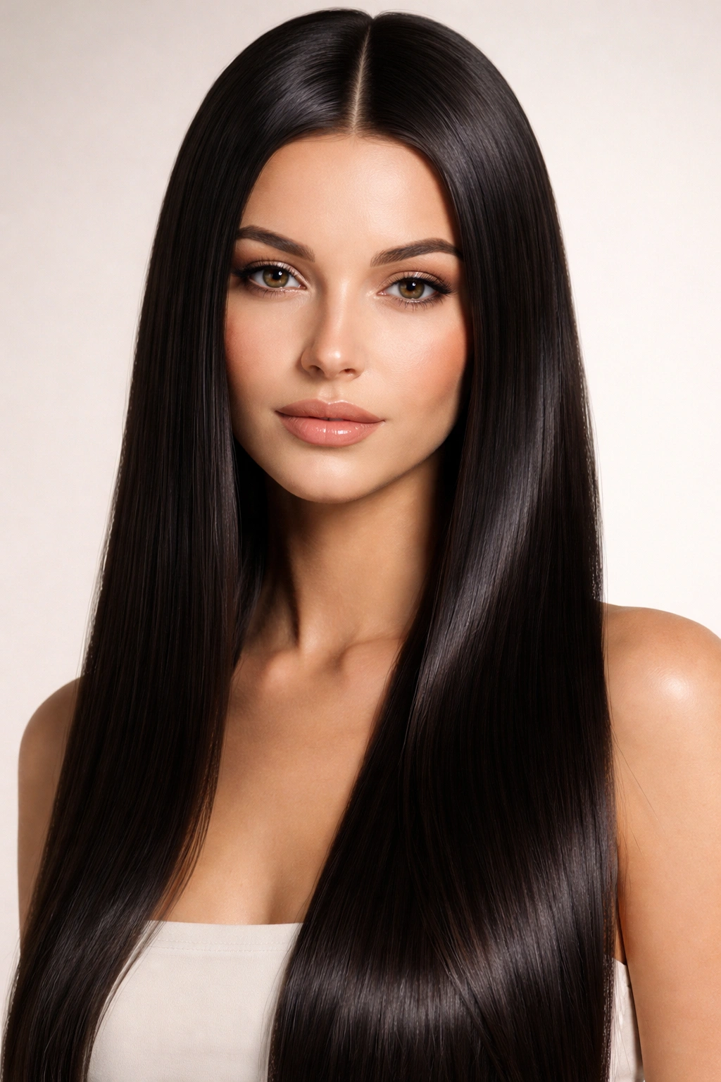 Long glossy straight hair with a crisp center part