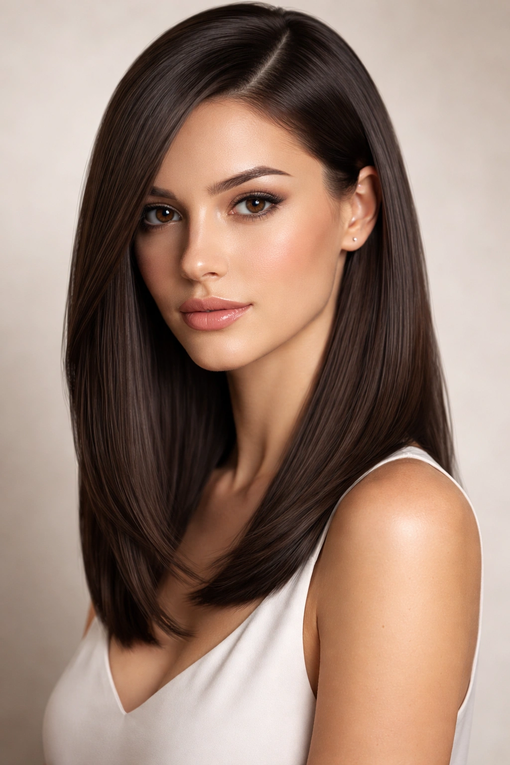 Glossy straight hair with a deep side part