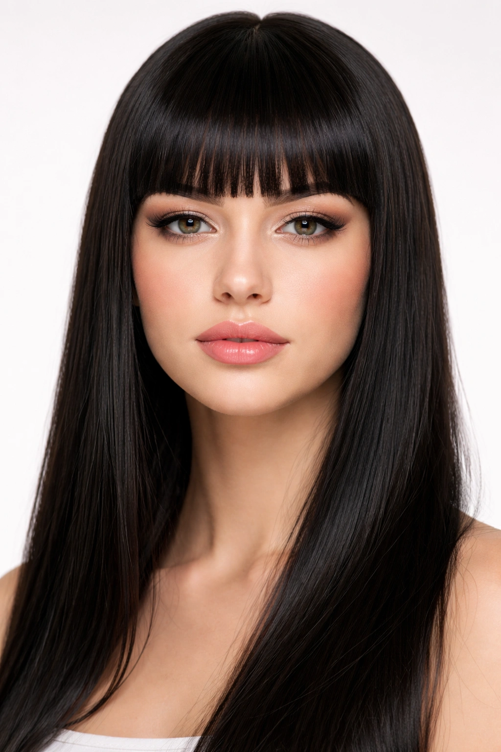 Close-up of sleek straight baby fringe resting at eyebrow level