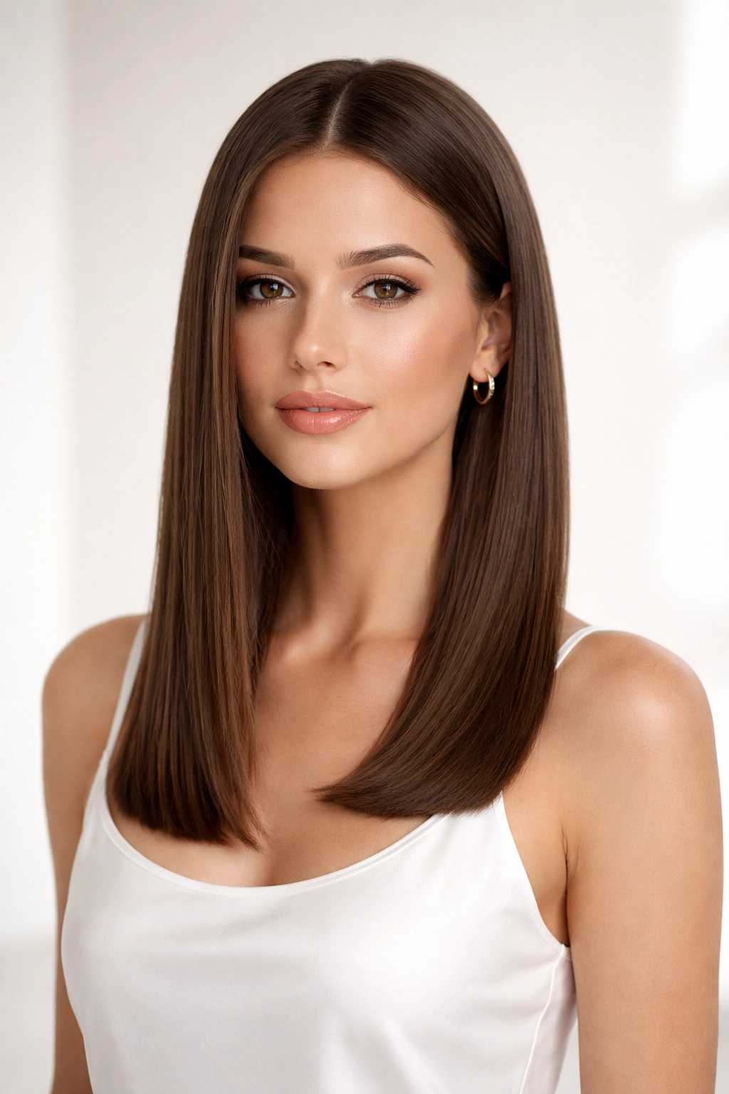 Sleek straight medium hairstyle with precise, polished lines in a studio.
