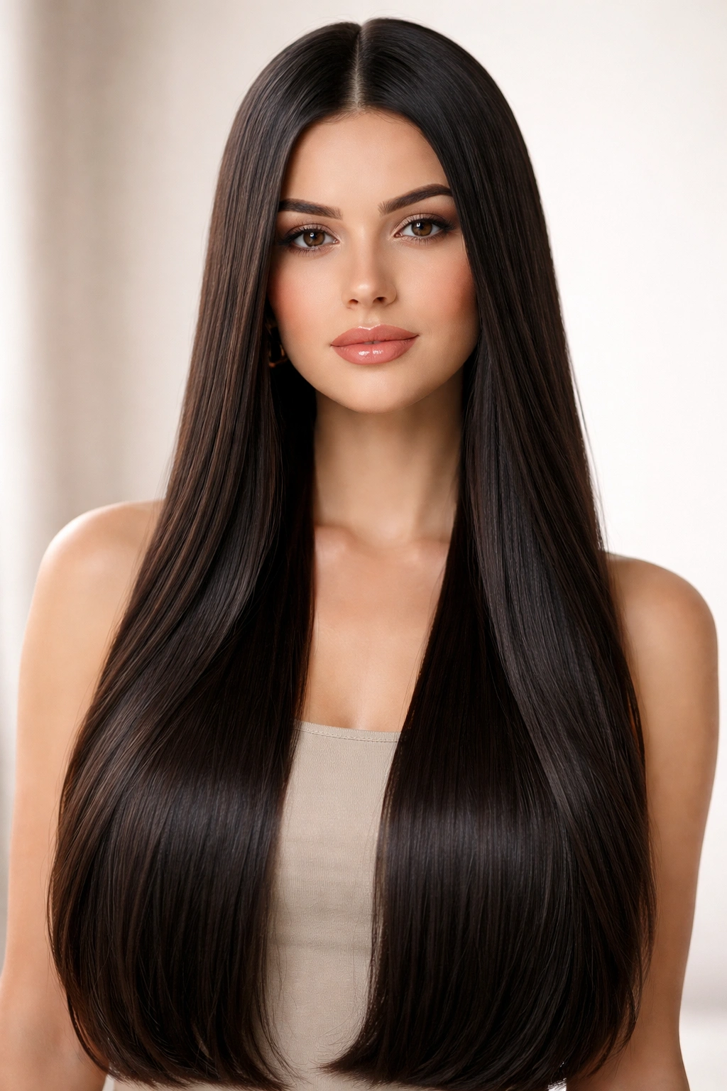 15 Hairstyles For Round Faces You Ll Want To Copy 7 Close-up portrait of a model with sleek, long straight hair, center part and glossy finish