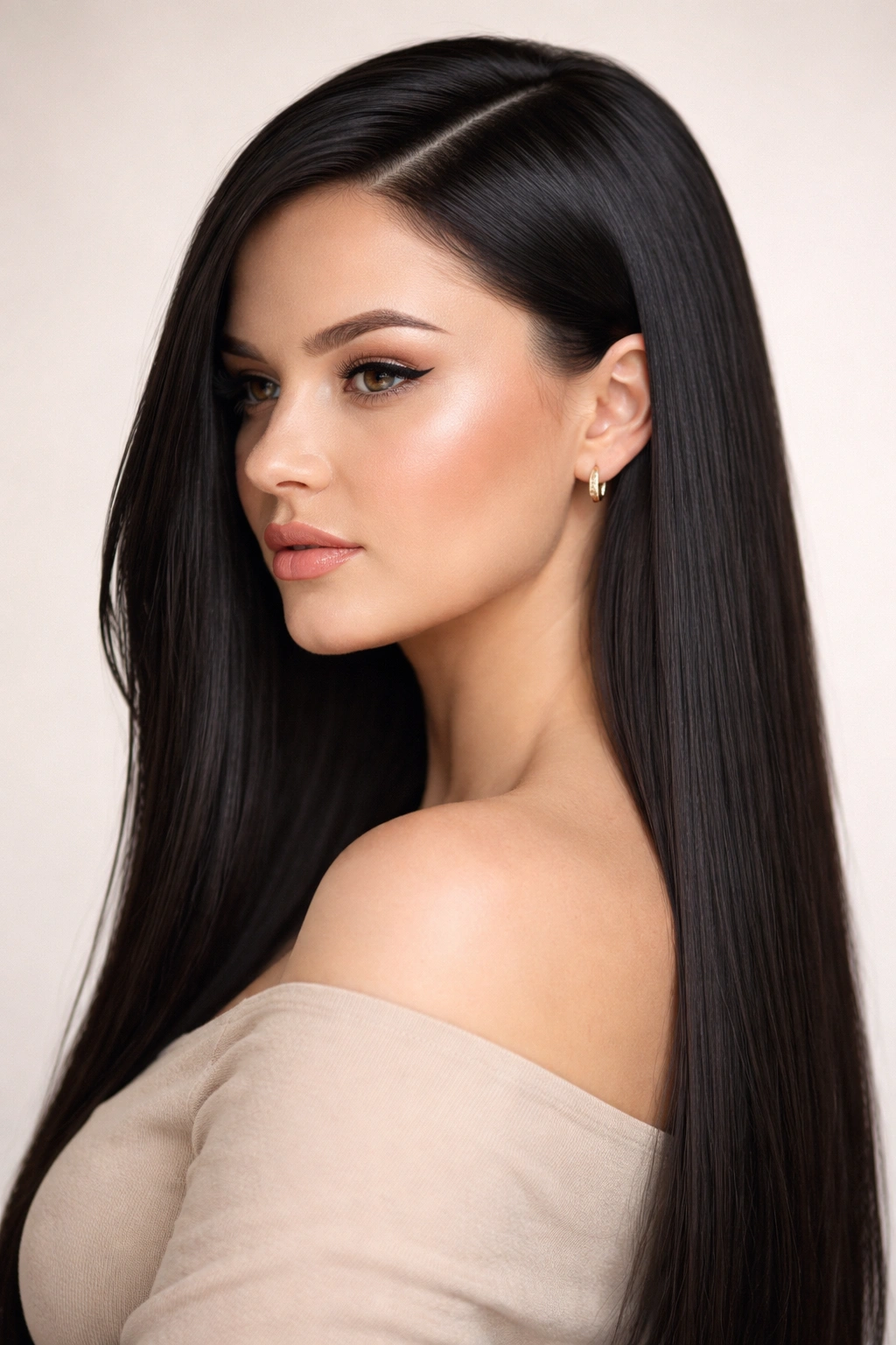 12 Hairstyles Perfectly Suited To A Round Face 9 Portrait of a person with sleek straight hair and a deep side part