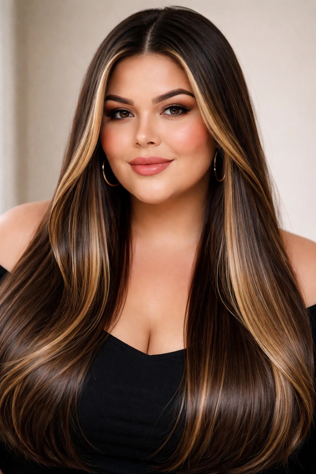 Close-up of a plus-size woman with sleek straight hair and highlights