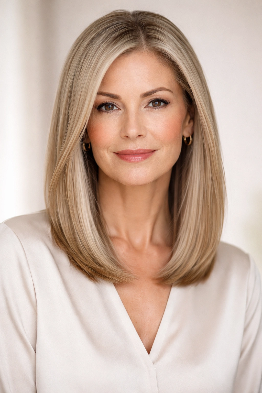 Sleek, straight shoulder-length hair with blunt ends on a mature woman.