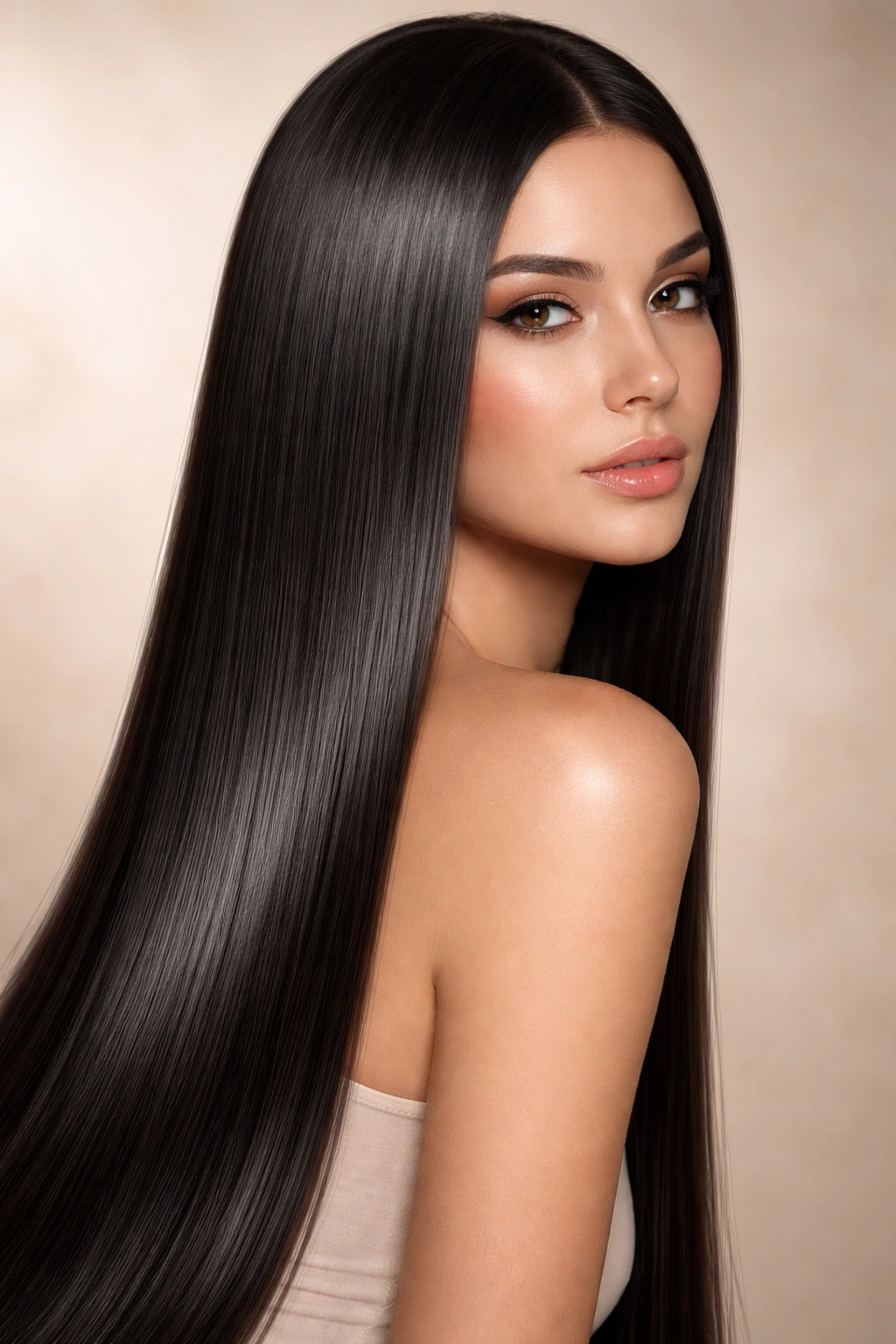 Close-up of glossy sleek straight long hair with high shine