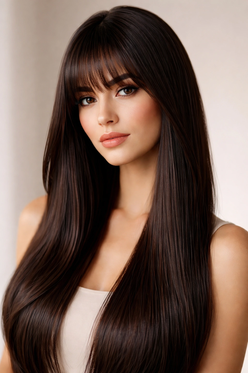 Close-up portrait of sleek straight hair with cheekbone-length bangs against a neutral backdrop