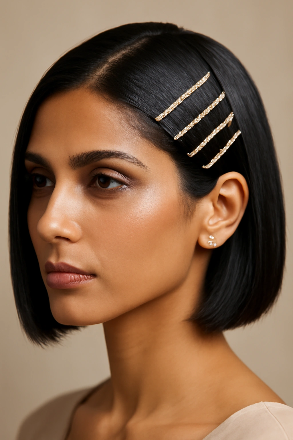 10 Beautiful Short Hairstyles for Indian Weddings 8 Close-up of sleek straight short hair with gold jeweled bobby pins