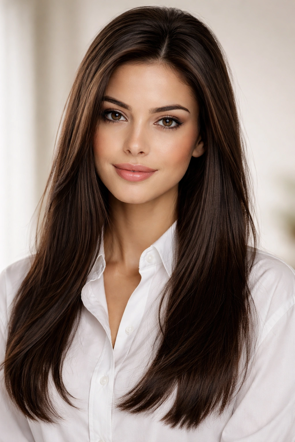 Portrait showing straight, glossy hair with root volume