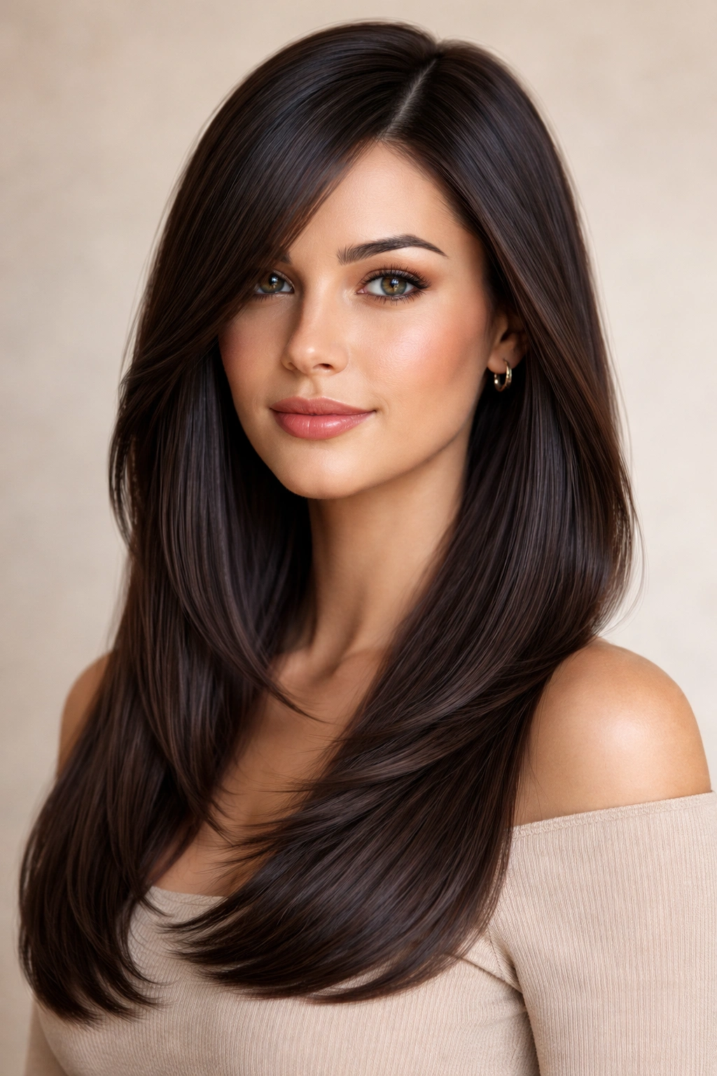 20 Long Face Hairstyles With And Without Bangs 15 Sleek straight hair with side-swept layers framing the cheekbones