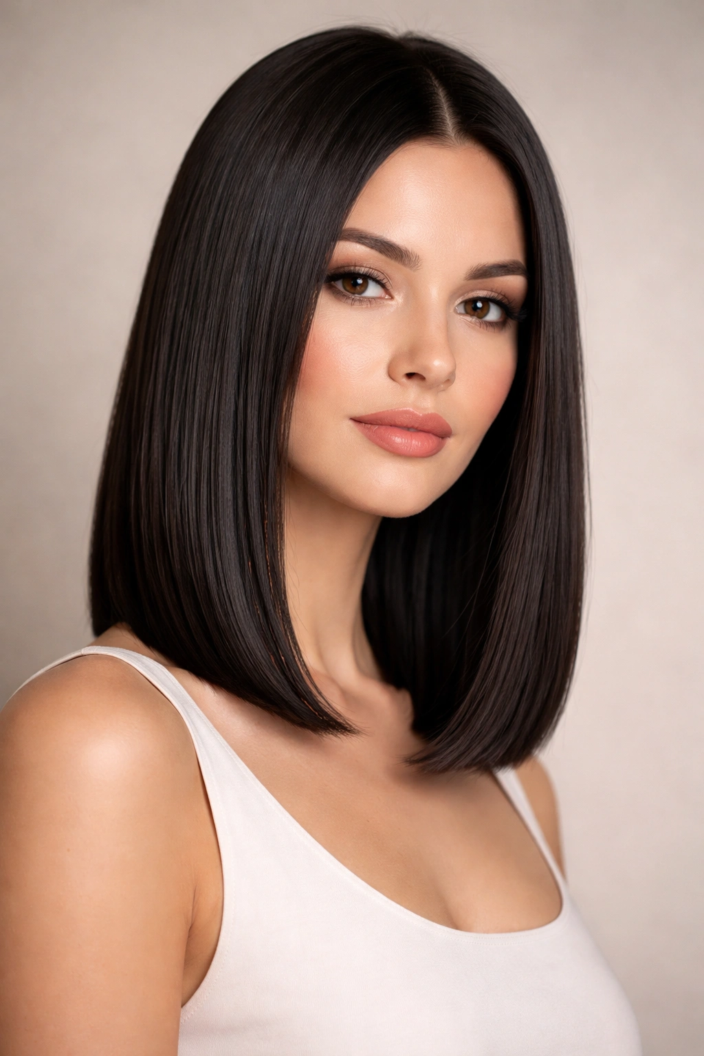 Close-up of Sleek Straight Shoulder Cut with blunt ends and smooth glossy finish