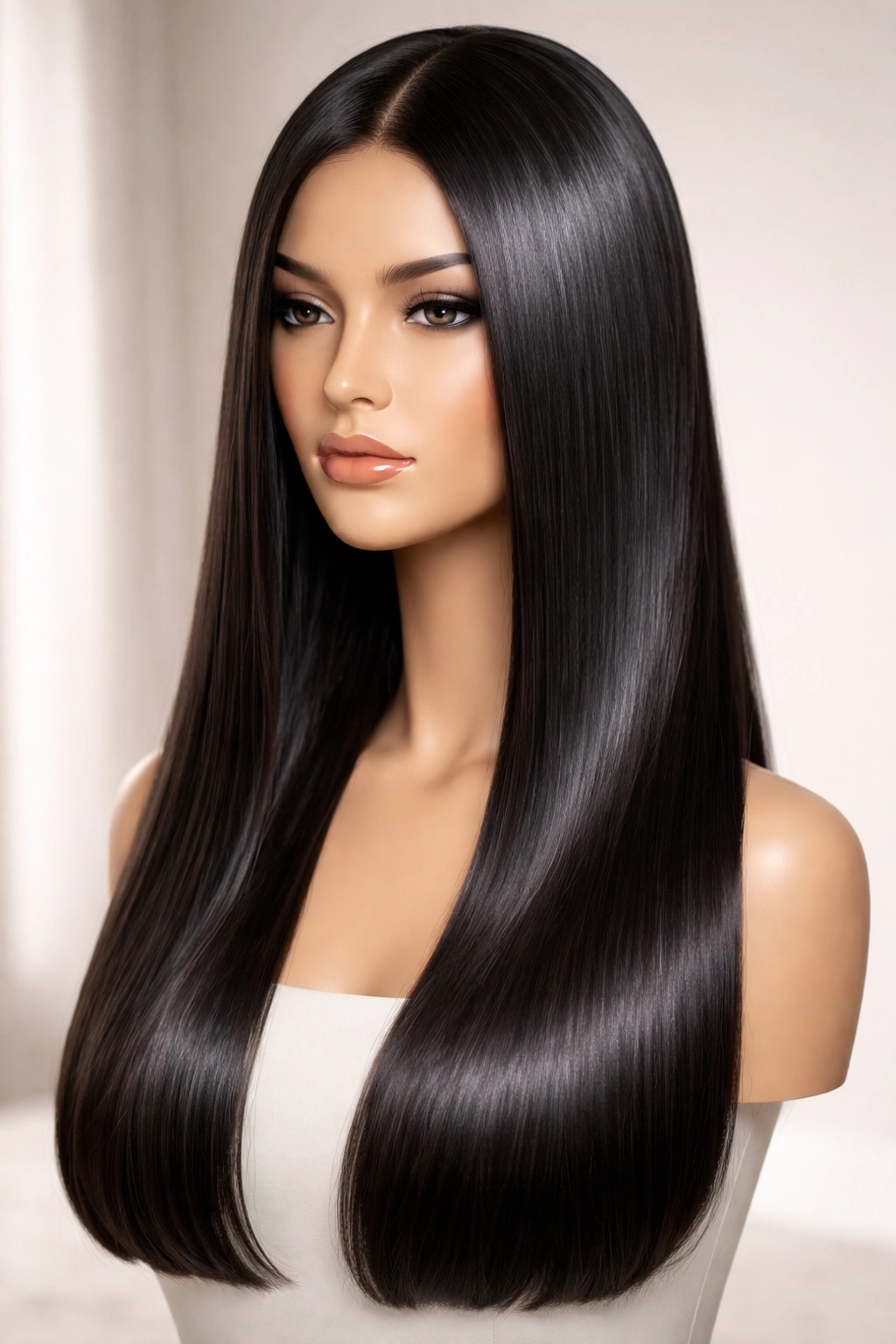 Mannequin head with long, sleek straight hair and a sharp blunt line