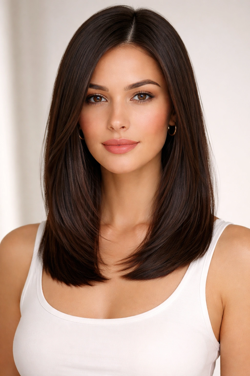 20 Shoulder Length Haircuts For Every Hair Type 18 Head-and-shoulders portrait of a sleek straight cut with subtle internal layers.
