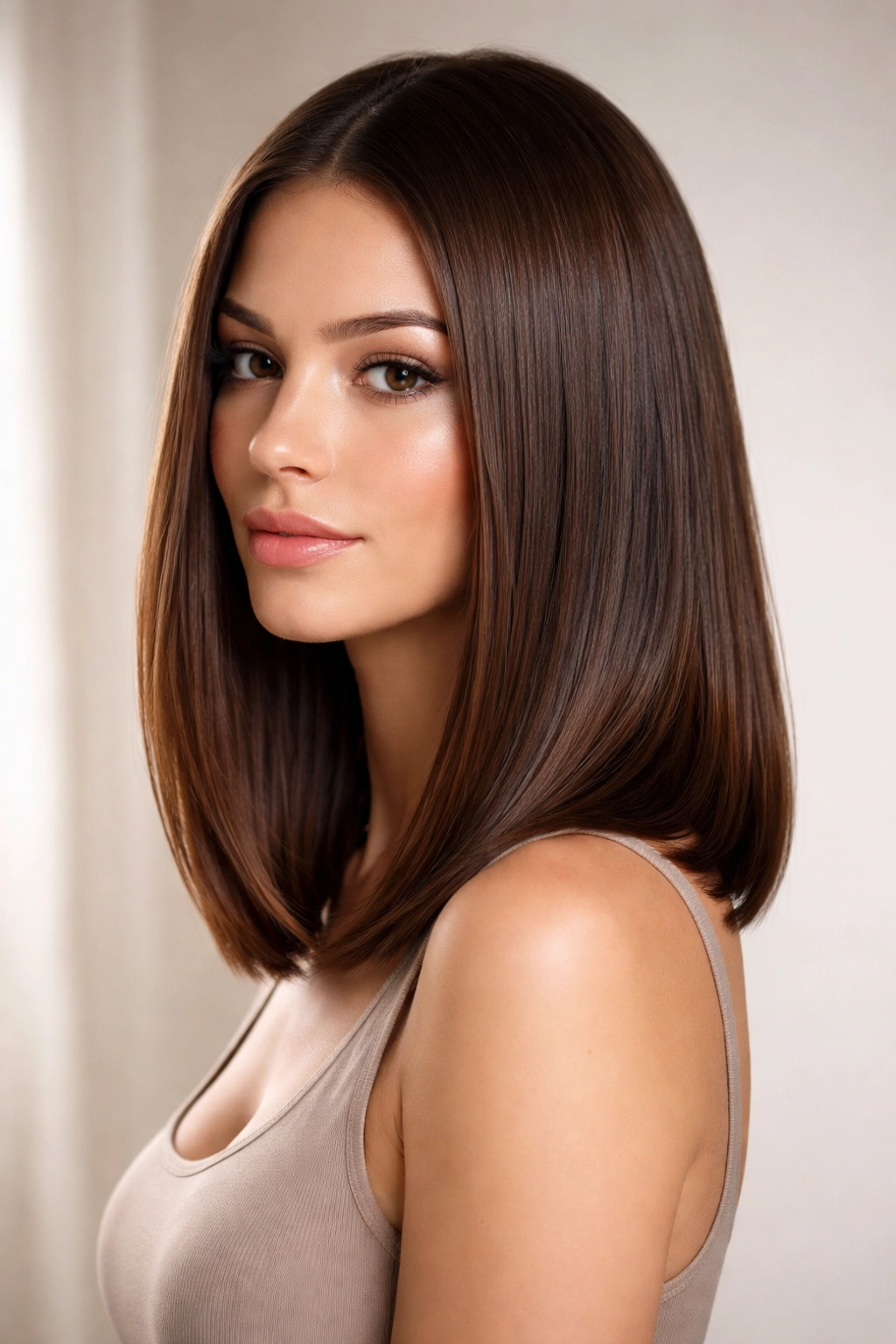 Model with a sleek straight lob at shoulder length and a glossy finish.