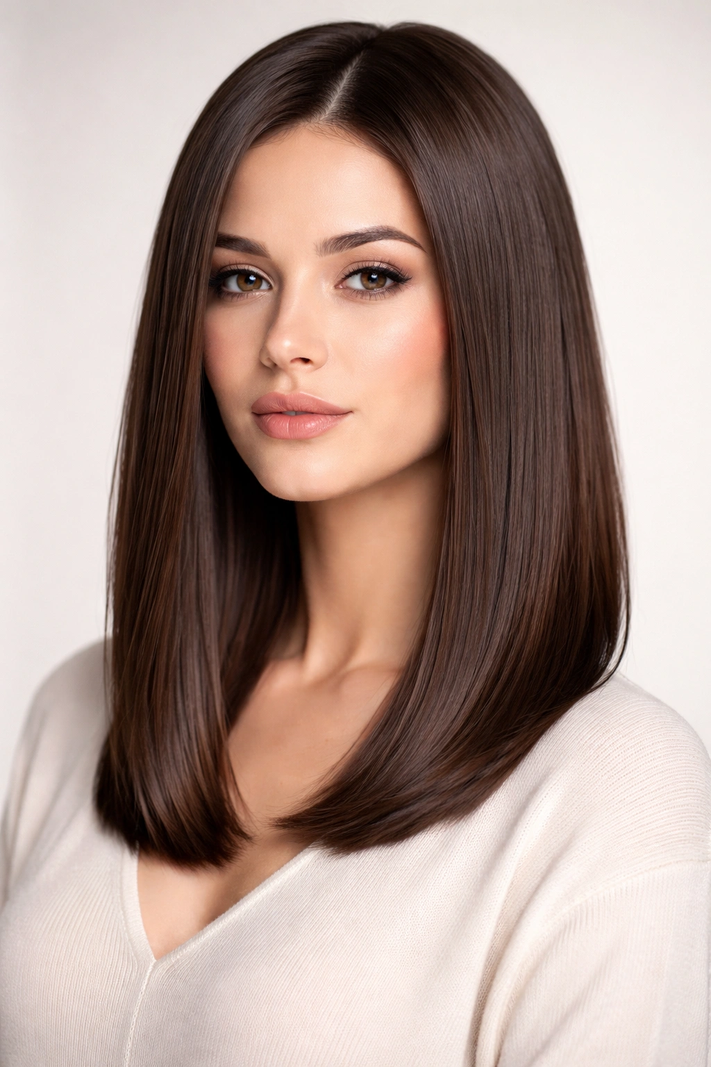 Close-up of sleek straight lob with minimal layers and glossy shine
