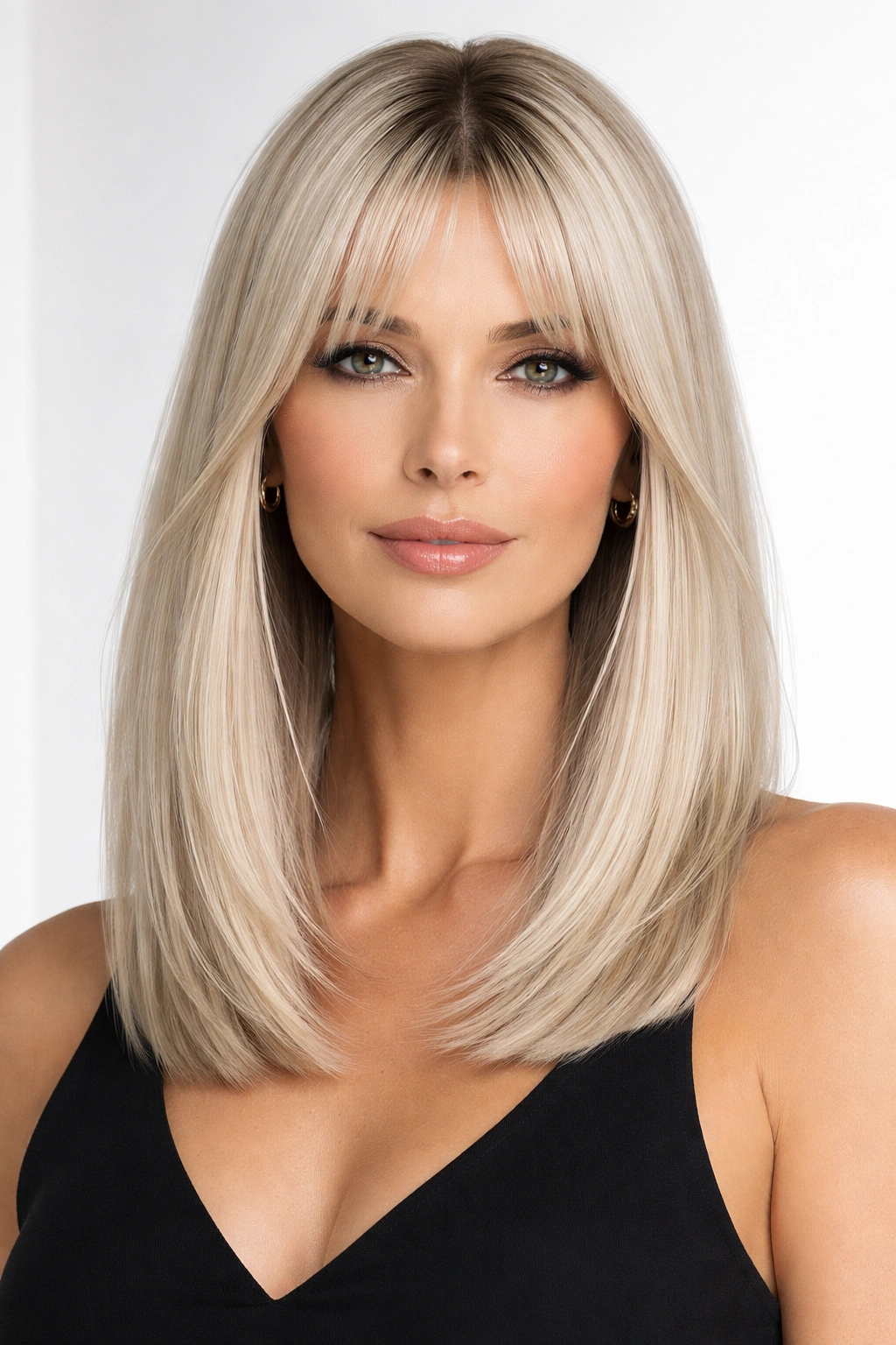 Sleek straight lob with middle parted bangs in platinum blonde.